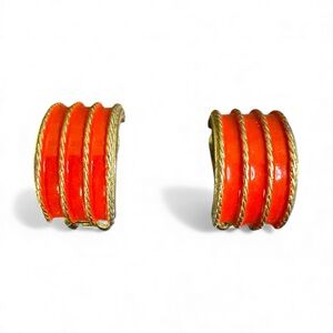 Mimi Di N Red Enamel and Gold Half Hoop Clip On Earrings 80’s Signed